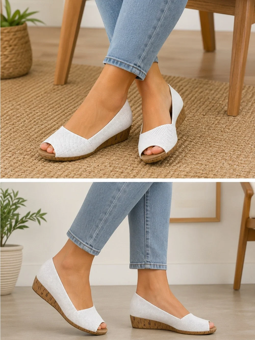 Aerosoles White Leather Perforated Peep Toe Wedge Flats 8W Wide Comfort Shoes